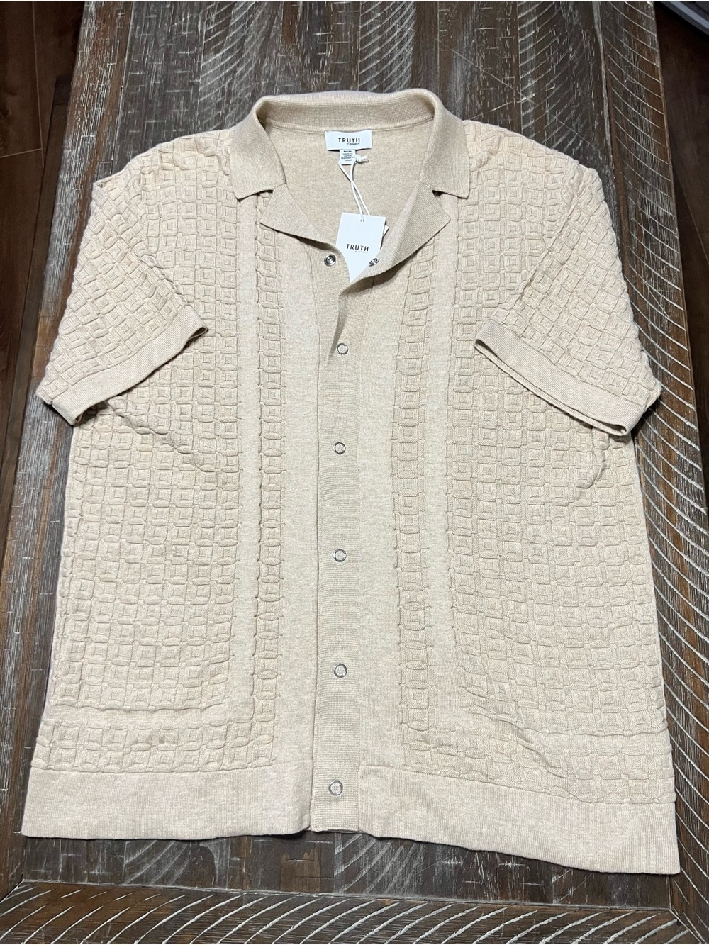 Truth by Republic Men’s Short Sleeve Knit Button-Up in Beige